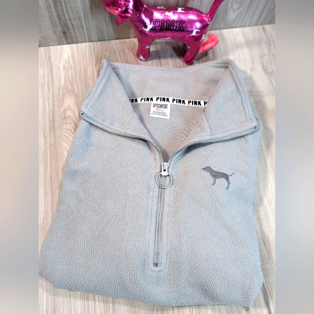 PINK Victoria's Secret Gray Fleece Sweatshirt 1/4 Zip Pullover Large Pockets